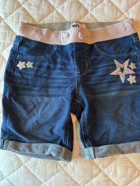 SO Girls' Blue Jean Shorts with Pink Waistband and Star Embellishments